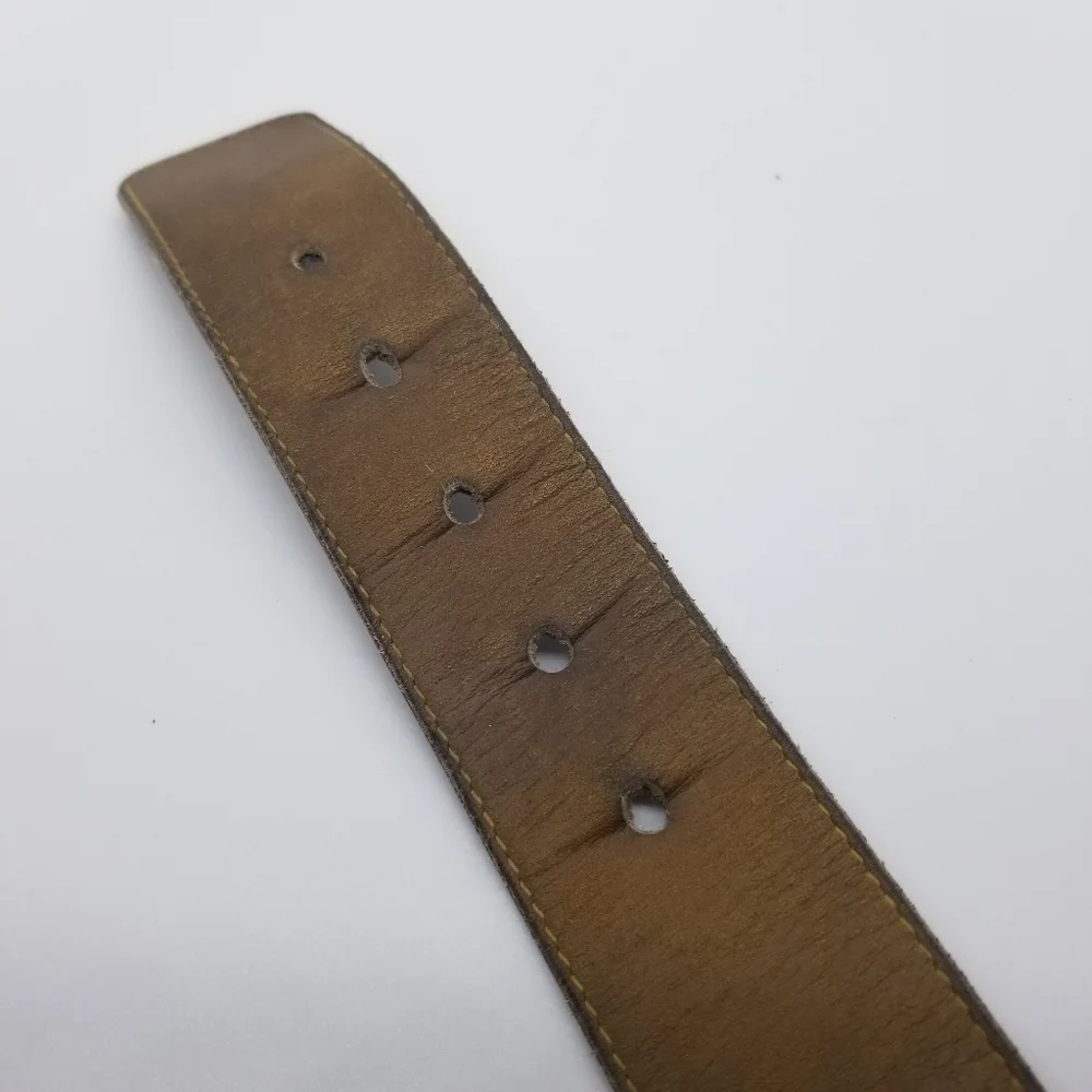 tan leather belt with lacing and painted floral detail size 36 made in Haiti